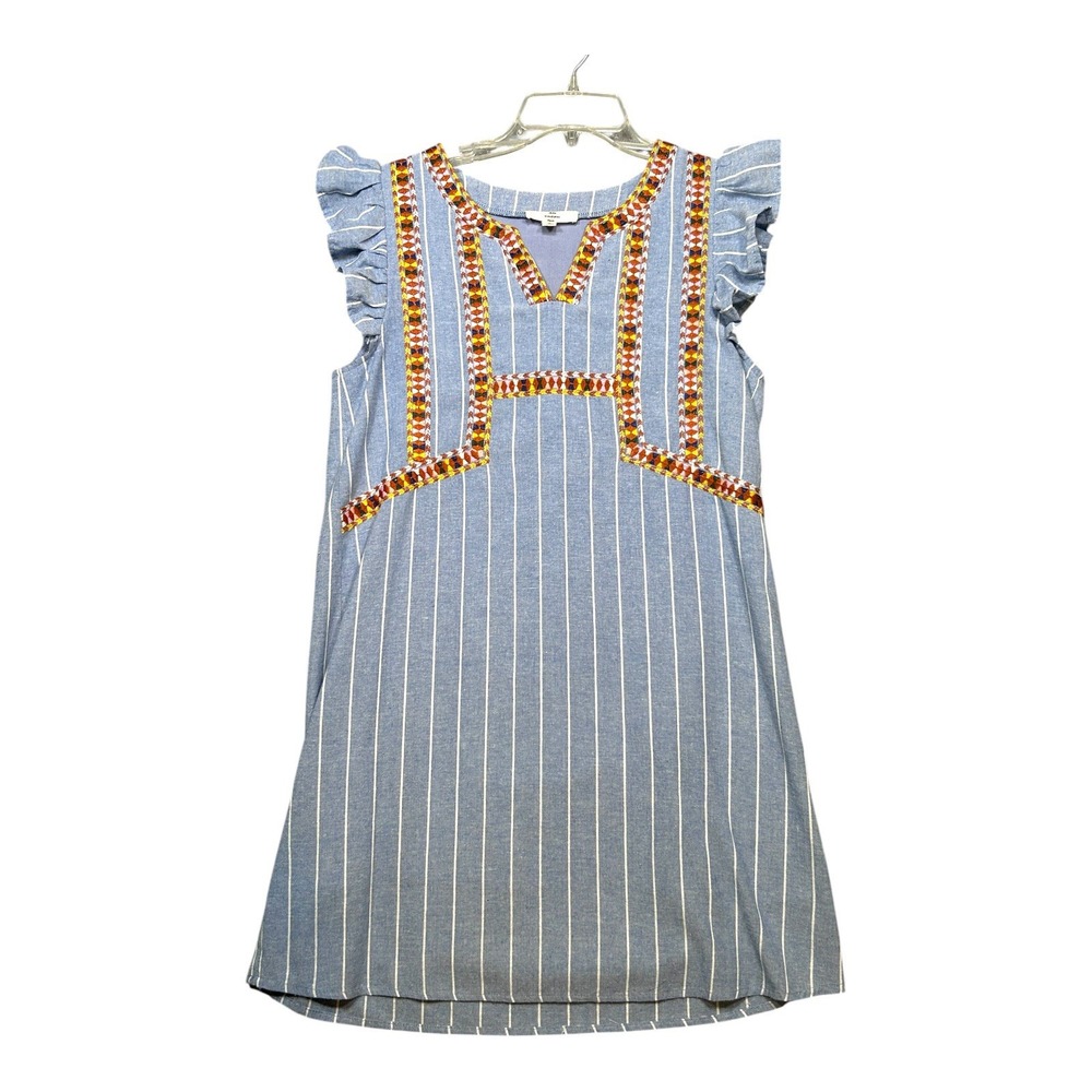 Entro Mini Dress S Small Blue Stripe Boho Embroidered Yoke Lined Sleeveless